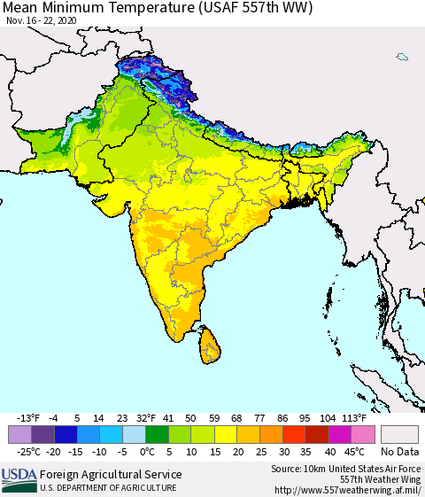 Southern Asia Mean Minimum Temperature (USAF 557th WW) Thematic Map For 11/16/2020 - 11/22/2020