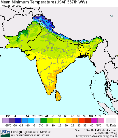 Southern Asia Mean Minimum Temperature (USAF 557th WW) Thematic Map For 11/23/2020 - 11/29/2020