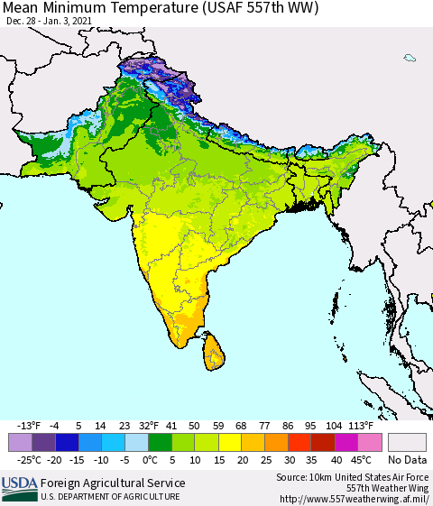 Southern Asia Minimum Temperature (USAF 557th WW) Thematic Map For 12/28/2020 - 1/3/2021