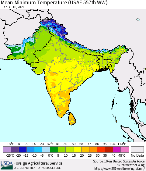 Southern Asia Minimum Temperature (USAF 557th WW) Thematic Map For 1/4/2021 - 1/10/2021