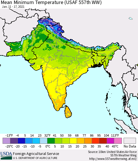 Southern Asia Minimum Temperature (USAF 557th WW) Thematic Map For 1/11/2021 - 1/17/2021