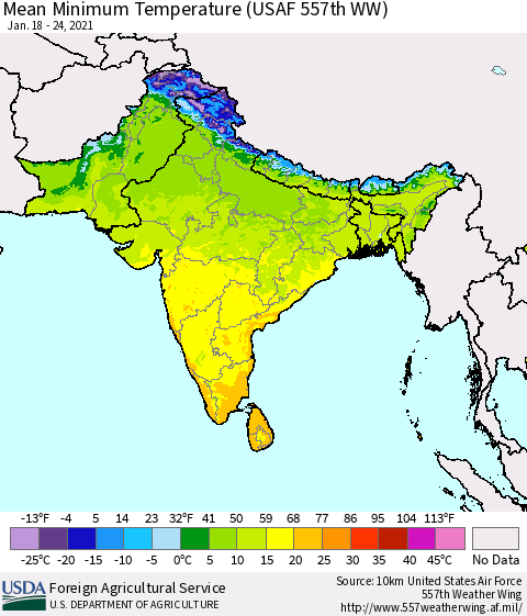 Southern Asia Minimum Temperature (USAF 557th WW) Thematic Map For 1/18/2021 - 1/24/2021
