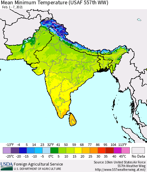 Southern Asia Minimum Temperature (USAF 557th WW) Thematic Map For 2/1/2021 - 2/7/2021