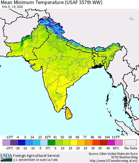 Southern Asia Minimum Temperature (USAF 557th WW) Thematic Map For 2/8/2021 - 2/14/2021