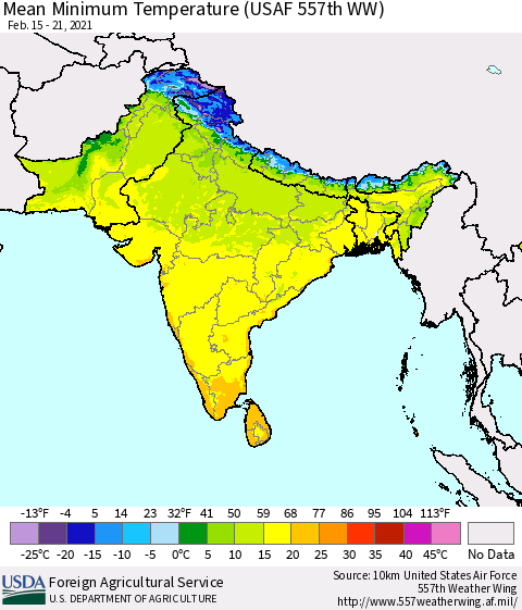 Southern Asia Minimum Temperature (USAF 557th WW) Thematic Map For 2/15/2021 - 2/21/2021