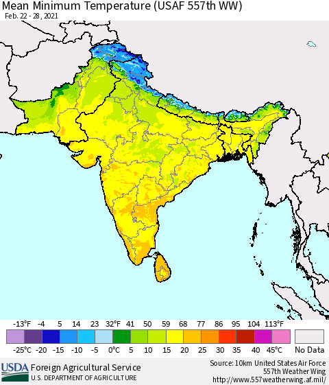 Southern Asia Minimum Temperature (USAF 557th WW) Thematic Map For 2/22/2021 - 2/28/2021