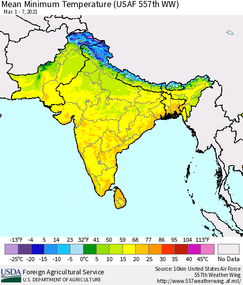 Southern Asia Mean Minimum Temperature (USAF 557th WW) Thematic Map For 3/1/2021 - 3/7/2021