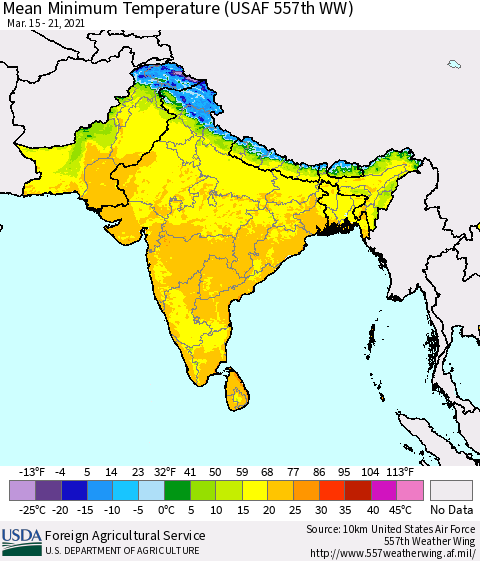 Southern Asia Minimum Temperature (USAF 557th WW) Thematic Map For 3/15/2021 - 3/21/2021