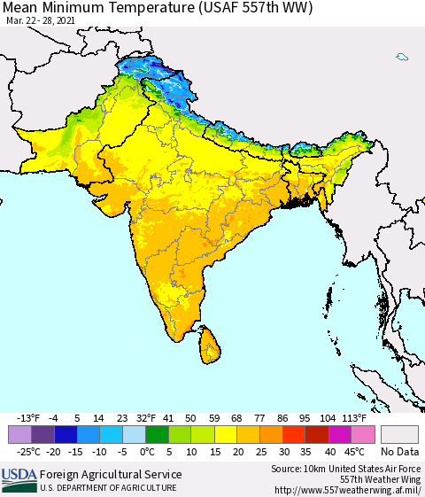 Southern Asia Minimum Temperature (USAF 557th WW) Thematic Map For 3/22/2021 - 3/28/2021