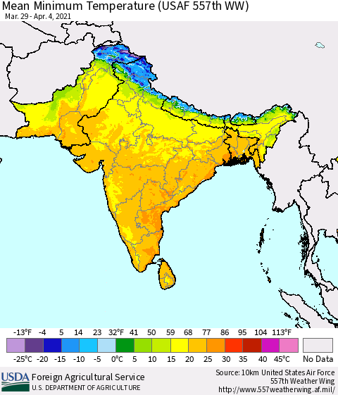 Southern Asia Mean Minimum Temperature (USAF 557th WW) Thematic Map For 3/29/2021 - 4/4/2021