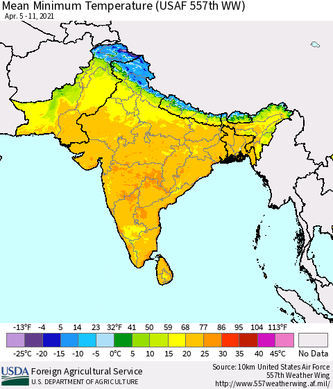 Southern Asia Mean Minimum Temperature (USAF 557th WW) Thematic Map For 4/5/2021 - 4/11/2021