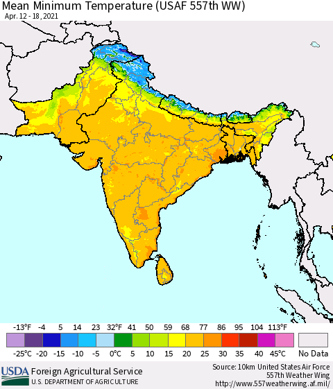 Southern Asia Minimum Temperature (USAF 557th WW) Thematic Map For 4/12/2021 - 4/18/2021