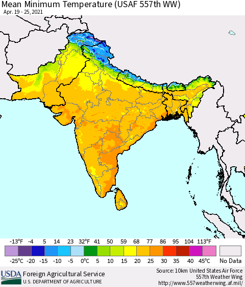 Southern Asia Mean Minimum Temperature (USAF 557th WW) Thematic Map For 4/19/2021 - 4/25/2021