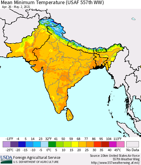 Southern Asia Minimum Temperature (USAF 557th WW) Thematic Map For 4/26/2021 - 5/2/2021