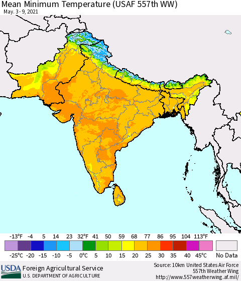 Southern Asia Mean Minimum Temperature (USAF 557th WW) Thematic Map For 5/3/2021 - 5/9/2021