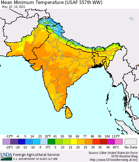 Southern Asia Minimum Temperature (USAF 557th WW) Thematic Map For 5/10/2021 - 5/16/2021