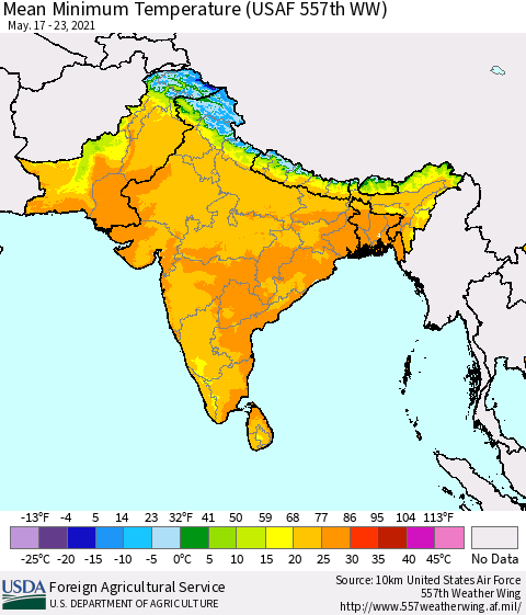 Southern Asia Minimum Temperature (USAF 557th WW) Thematic Map For 5/17/2021 - 5/23/2021