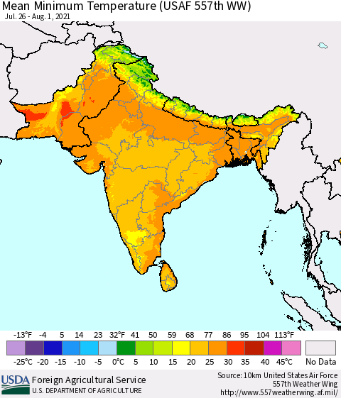 Southern Asia Minimum Temperature (USAF 557th WW) Thematic Map For 7/26/2021 - 8/1/2021