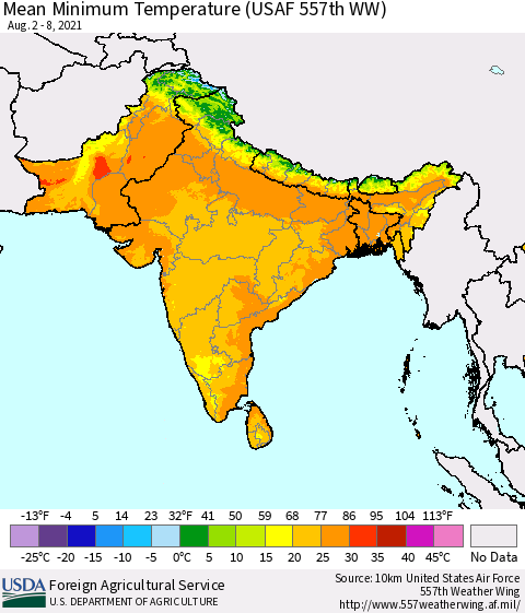 Southern Asia Mean Minimum Temperature (USAF 557th WW) Thematic Map For 8/2/2021 - 8/8/2021