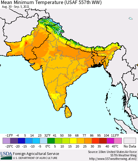 Southern Asia Minimum Temperature (USAF 557th WW) Thematic Map For 8/30/2021 - 9/5/2021