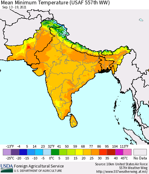 Southern Asia Minimum Temperature (USAF 557th WW) Thematic Map For 9/13/2021 - 9/19/2021