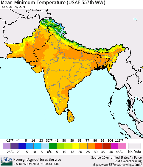 Southern Asia Minimum Temperature (USAF 557th WW) Thematic Map For 9/20/2021 - 9/26/2021