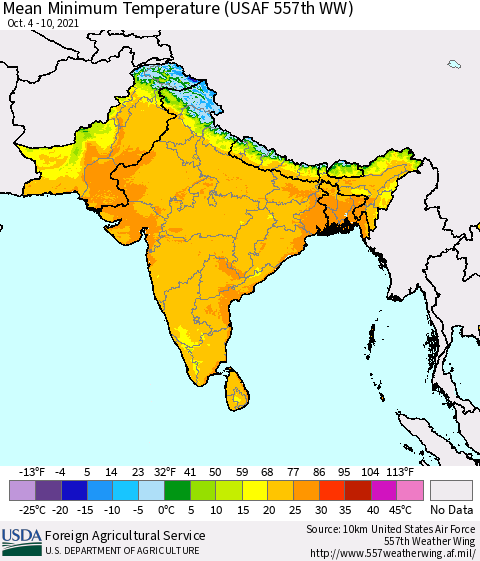 Southern Asia Minimum Temperature (USAF 557th WW) Thematic Map For 10/4/2021 - 10/10/2021