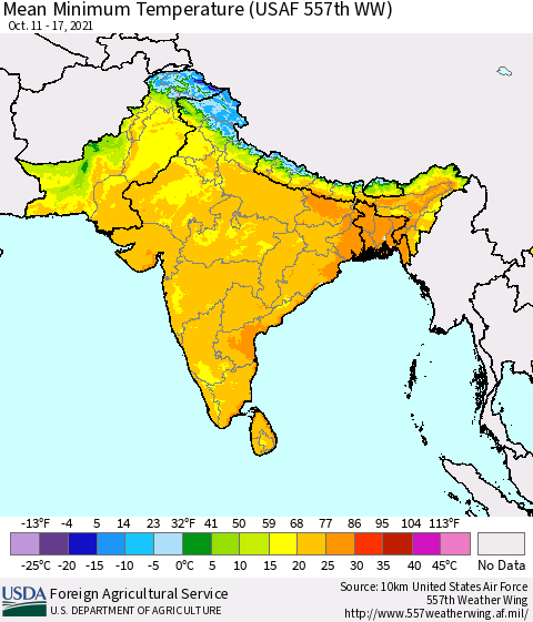 Southern Asia Minimum Temperature (USAF 557th WW) Thematic Map For 10/11/2021 - 10/17/2021