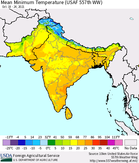 Southern Asia Mean Minimum Temperature (USAF 557th WW) Thematic Map For 10/18/2021 - 10/24/2021