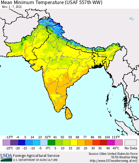 Southern Asia Minimum Temperature (USAF 557th WW) Thematic Map For 11/1/2021 - 11/7/2021