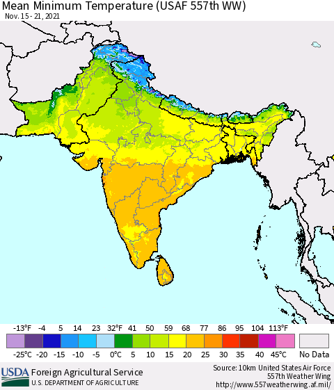 Southern Asia Minimum Temperature (USAF 557th WW) Thematic Map For 11/15/2021 - 11/21/2021
