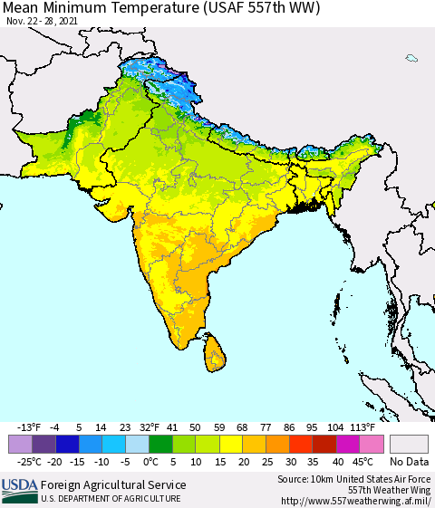 Southern Asia Mean Minimum Temperature (USAF 557th WW) Thematic Map For 11/22/2021 - 11/28/2021