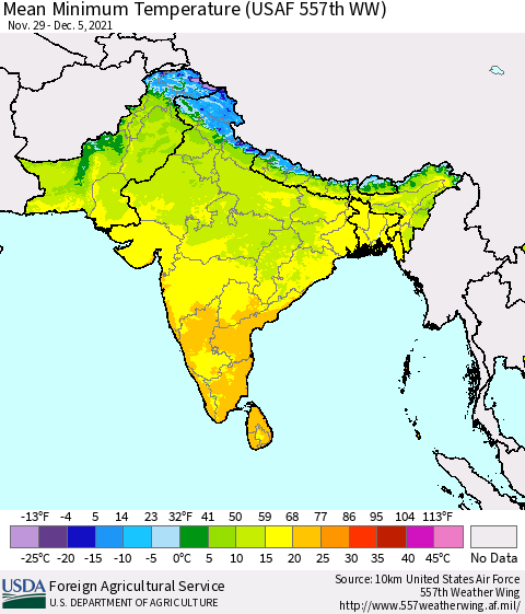 Southern Asia Minimum Temperature (USAF 557th WW) Thematic Map For 11/29/2021 - 12/5/2021
