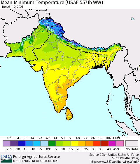 Southern Asia Minimum Temperature (USAF 557th WW) Thematic Map For 12/6/2021 - 12/12/2021