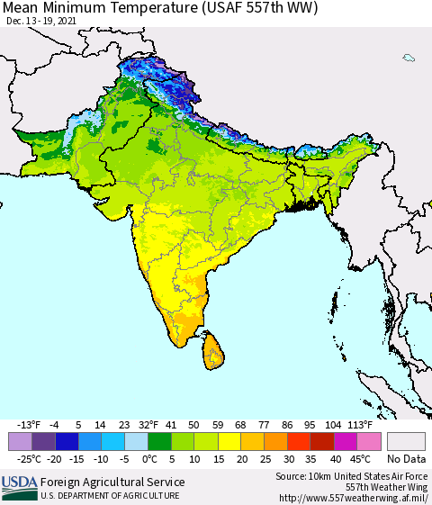 Southern Asia Minimum Temperature (USAF 557th WW) Thematic Map For 12/13/2021 - 12/19/2021
