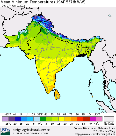 Southern Asia Mean Minimum Temperature (USAF 557th WW) Thematic Map For 12/27/2021 - 1/2/2022