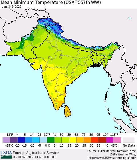 Southern Asia Minimum Temperature (USAF 557th WW) Thematic Map For 1/3/2022 - 1/9/2022