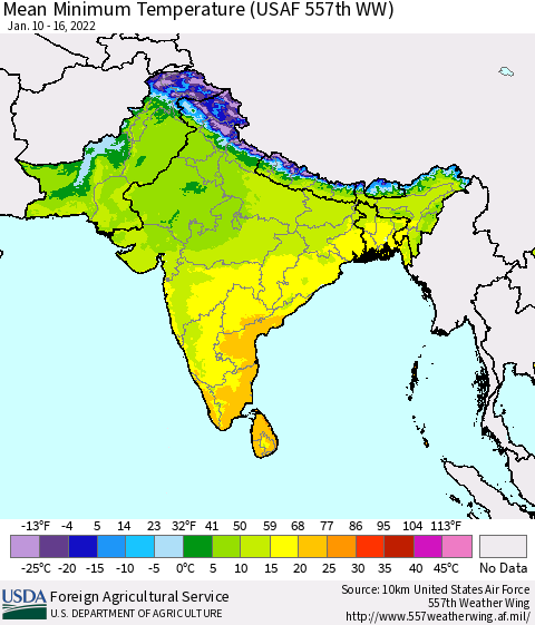 Southern Asia Mean Minimum Temperature (USAF 557th WW) Thematic Map For 1/10/2022 - 1/16/2022