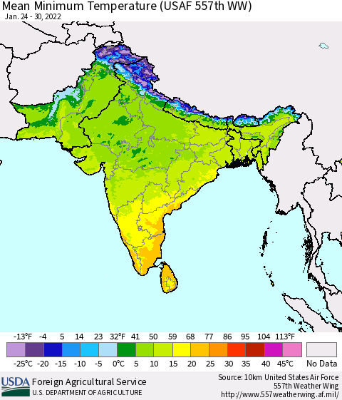 Southern Asia Mean Minimum Temperature (USAF 557th WW) Thematic Map For 1/24/2022 - 1/30/2022