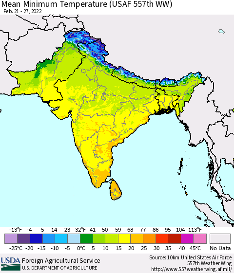 Southern Asia Mean Minimum Temperature (USAF 557th WW) Thematic Map For 2/21/2022 - 2/27/2022