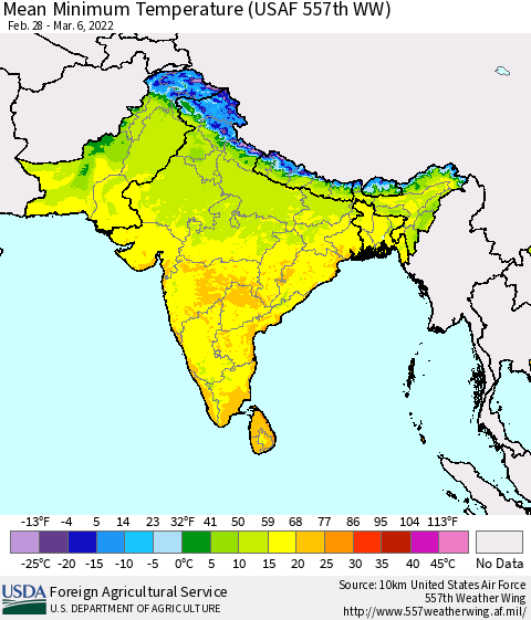 Southern Asia Mean Minimum Temperature (USAF 557th WW) Thematic Map For 2/28/2022 - 3/6/2022