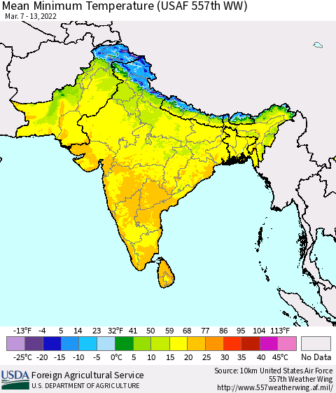 Southern Asia Mean Minimum Temperature (USAF 557th WW) Thematic Map For 3/7/2022 - 3/13/2022