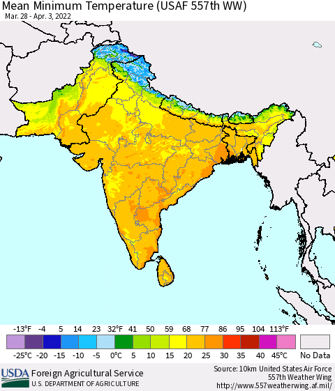 Southern Asia Mean Minimum Temperature (USAF 557th WW) Thematic Map For 3/28/2022 - 4/3/2022
