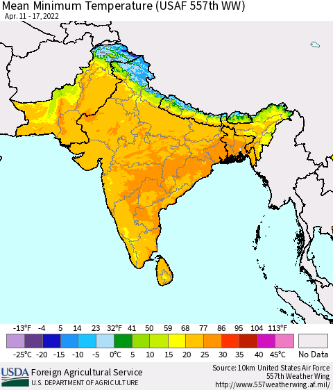 Southern Asia Mean Minimum Temperature (USAF 557th WW) Thematic Map For 4/11/2022 - 4/17/2022