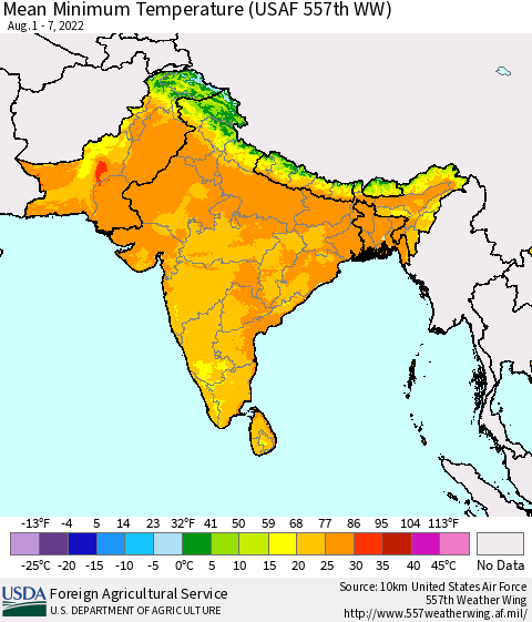 Southern Asia Minimum Temperature (USAF 557th WW) Thematic Map For 8/1/2022 - 8/7/2022