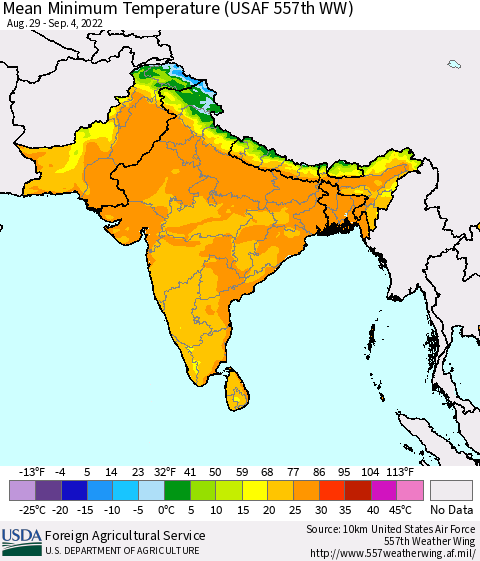 Southern Asia Mean Minimum Temperature (USAF 557th WW) Thematic Map For 8/29/2022 - 9/4/2022