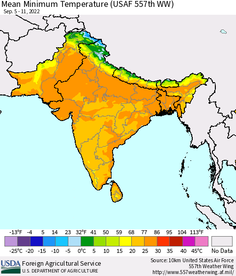 Southern Asia Mean Minimum Temperature (USAF 557th WW) Thematic Map For 9/5/2022 - 9/11/2022