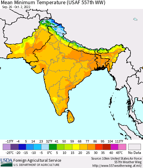 Southern Asia Mean Minimum Temperature (USAF 557th WW) Thematic Map For 9/26/2022 - 10/2/2022
