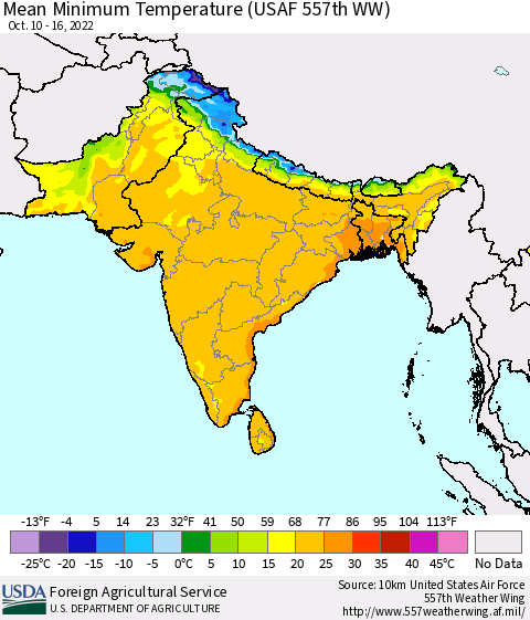 Southern Asia Mean Minimum Temperature (USAF 557th WW) Thematic Map For 10/10/2022 - 10/16/2022