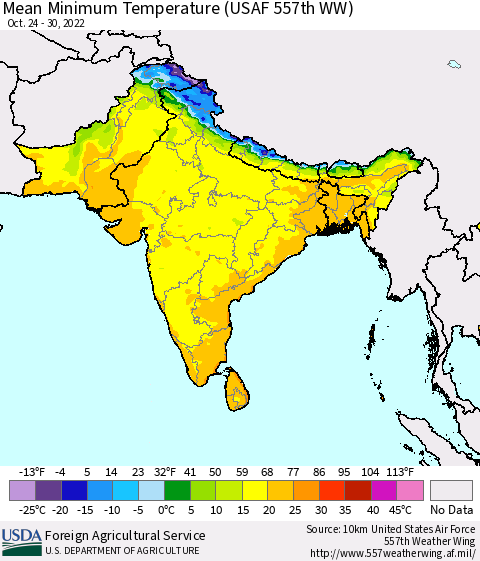 Southern Asia Mean Minimum Temperature (USAF 557th WW) Thematic Map For 10/24/2022 - 10/30/2022